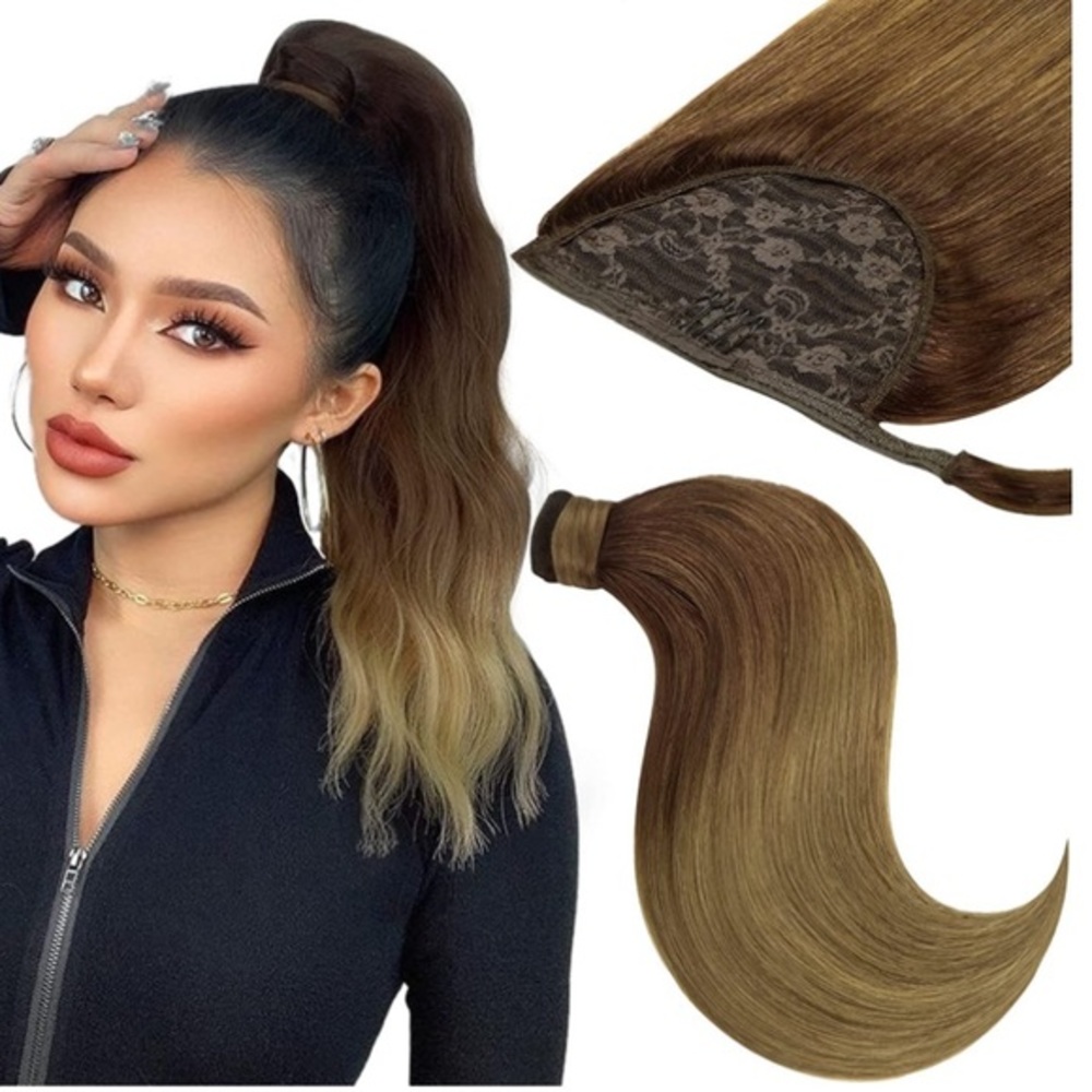 22” Ombre Dark to Light Brown T#(M3-8)-8 Ponytail Human Hair Extensions 90g I#DN